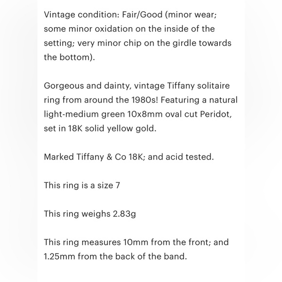 Vintage Tiffany 18K Peridot Solitaire Ring, Oval Cut, 1980s, Dainty, Size 7 - Picture 17 of 17